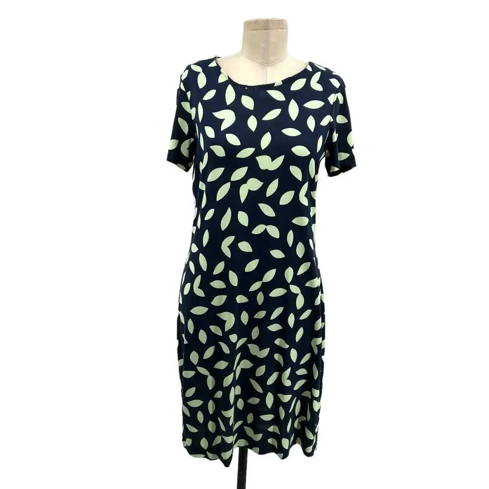 Diane Von‎ Furstenberg Reina Silk Dress Navy Blue Gren Leaf Print Size 10